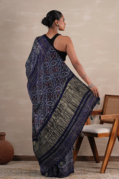 Sooti Syahi 'Celestial Cascade' Hand Block Printed Modal Tissue Saree - Image 4