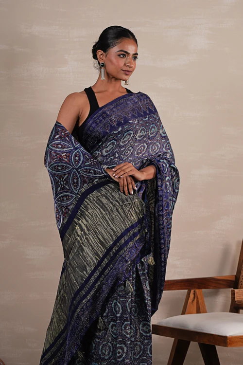 Sooti Syahi 'Celestial Cascade' Hand Block Printed Modal Tissue Saree - Image 5