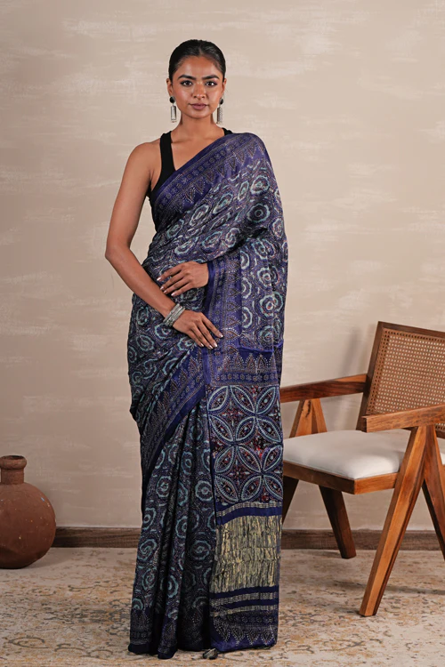 Sooti Syahi 'Celestial Cascade' Hand Block Printed Modal Tissue Saree - Image 6