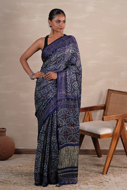 Sooti Syahi 'Celestial Cascade' Hand Block Printed Modal Tissue Saree - Image 7