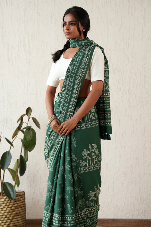Sooti Syahi ' Celestial Drift' Hand Block Mul Cotton Saree - Image 3