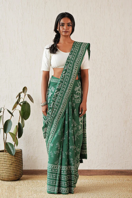 Sooti Syahi ' Celestial Drift' Hand Block Mul Cotton Saree - Image 5