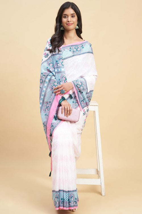 Sooti Syahi "Cherry Blossom" Handblock Print Mul Cotton Saree - Image 2
