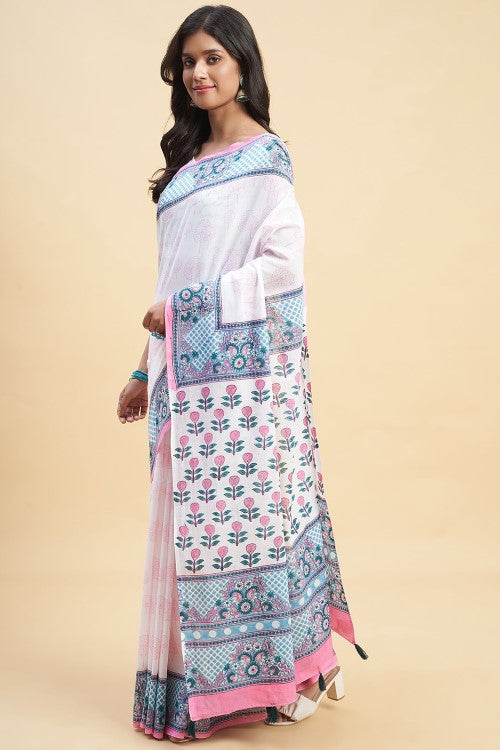 Sooti Syahi "Cherry Blossom" Handblock Print Mul Cotton Saree - Image 4