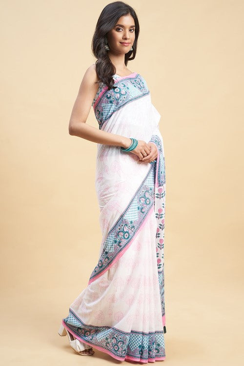 Sooti Syahi "Cherry Blossom" Handblock Print Mul Cotton Saree - Image 5