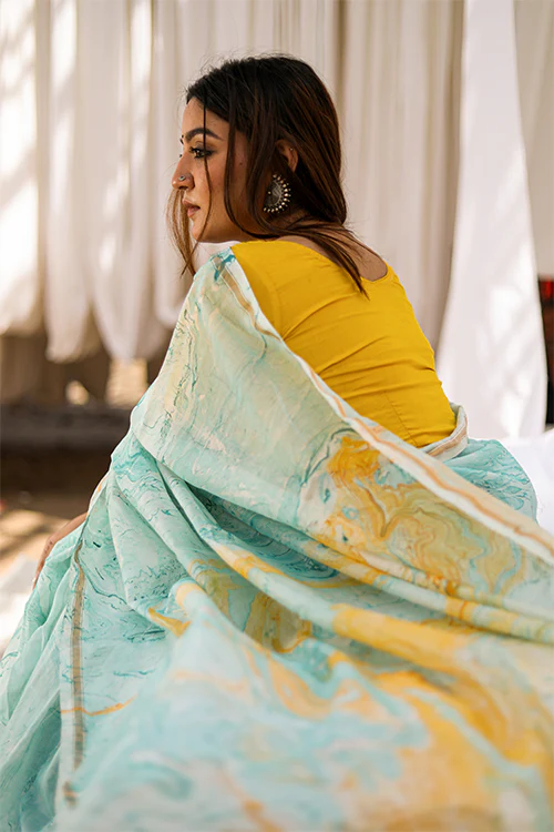 Sooti Syahi Colour Invent : Hand Marble Printed Chanderi Silk Saree - Image 3