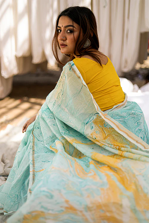 Sooti Syahi Colour Invent : Hand Marble Printed Chanderi Silk Saree - Image 4
