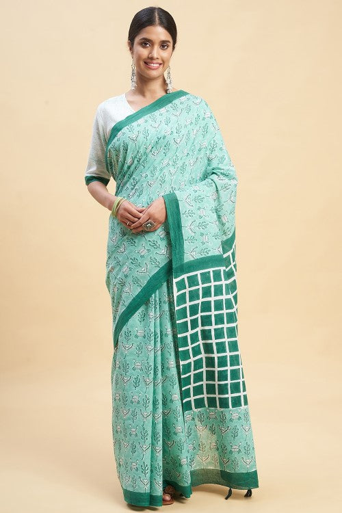 Sooti Syahi "Crab In Green'' Block Printed Cotton Saree