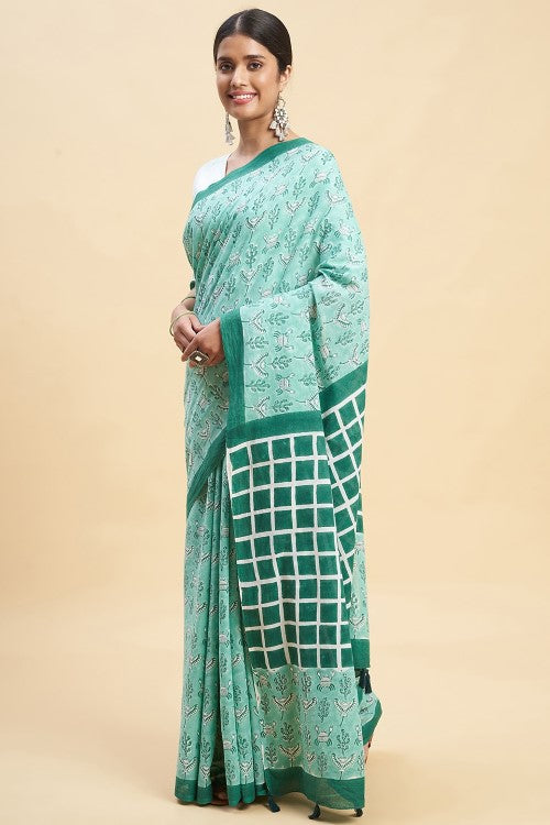 Sooti Syahi "Crab In Green'' Block Printed Cotton Saree - Image 3
