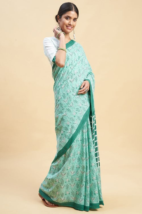 Sooti Syahi "Crab In Green'' Block Printed Cotton Saree - Image 4