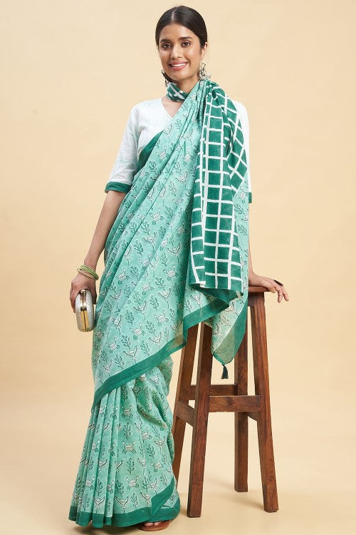 Sooti Syahi "Crab In Green'' Block Printed Cotton Saree - Image 5