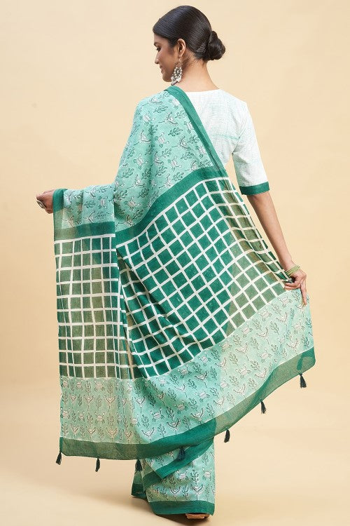 Sooti Syahi "Crab In Green'' Block Printed Cotton Saree - Image 6