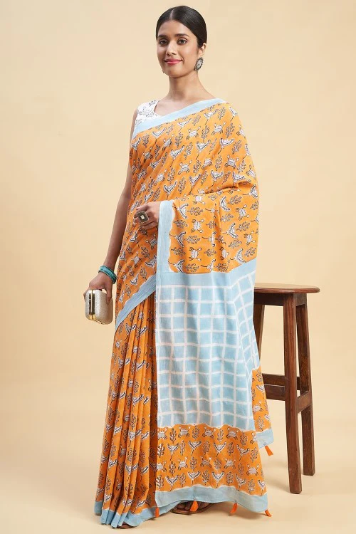 Sooti Syahi "Crab In Orange" Handblock Print Mul Cotton Saree