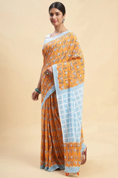 Sooti Syahi "Crab In Orange" Handblock Print Mul Cotton Saree - Image 4