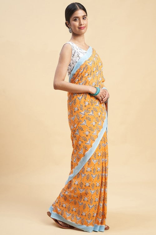 Sooti Syahi "Crab In Orange" Handblock Print Mul Cotton Saree - Image 5