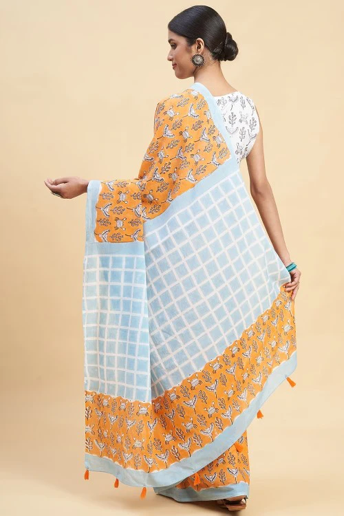 Sooti Syahi "Crab In Orange" Handblock Print Mul Cotton Saree - Image 6