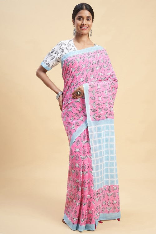 Sooti Syahi "Crab In Pink'' Block Printed Cotton Saree