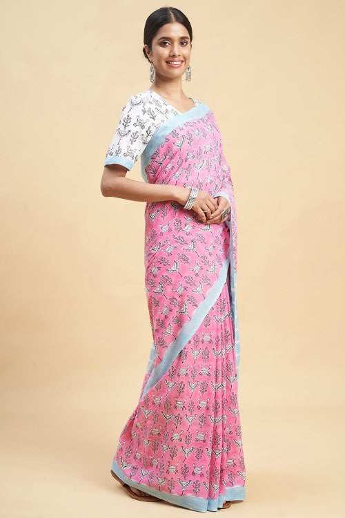 Sooti Syahi "Crab In Pink'' Block Printed Cotton Saree - Image 3