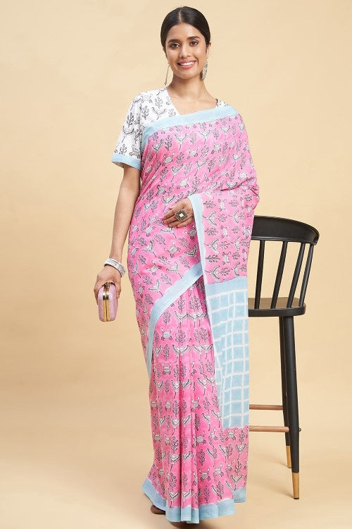 Sooti Syahi "Crab In Pink'' Block Printed Cotton Saree - Image 4
