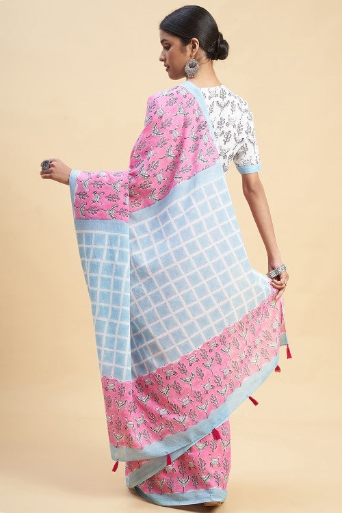 Sooti Syahi "Crab In Pink'' Block Printed Cotton Saree - Image 5