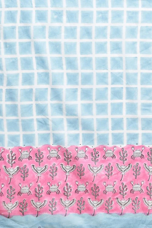 Sooti Syahi "Crab In Pink'' Block Printed Cotton Saree - Image 7