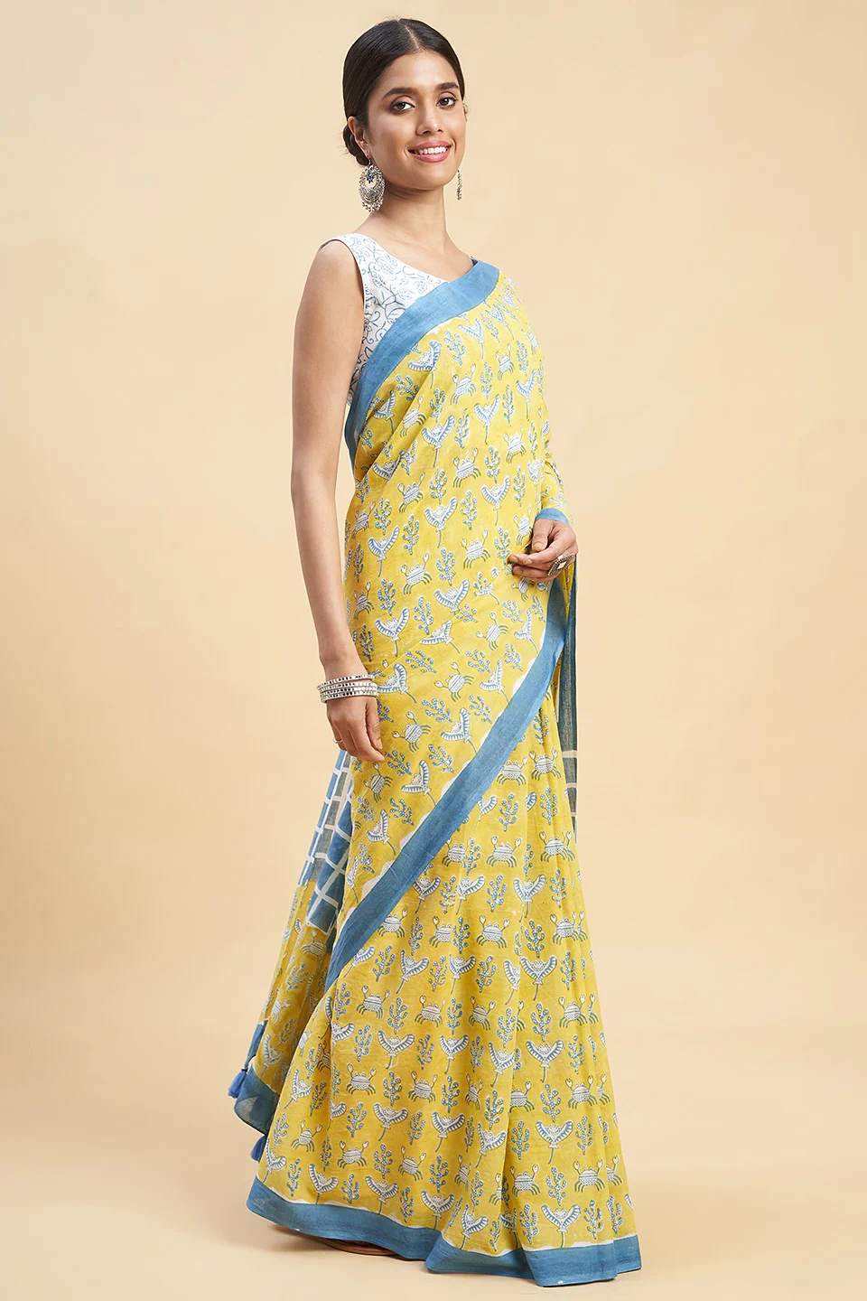 Sooti Syahi "Crab In Yellow" Block Printed Cotton Saree