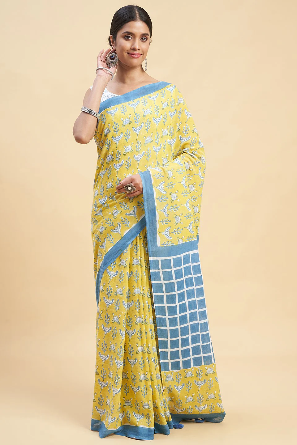 Sooti Syahi "Crab In Yellow" Block Printed Cotton Saree - Image 2