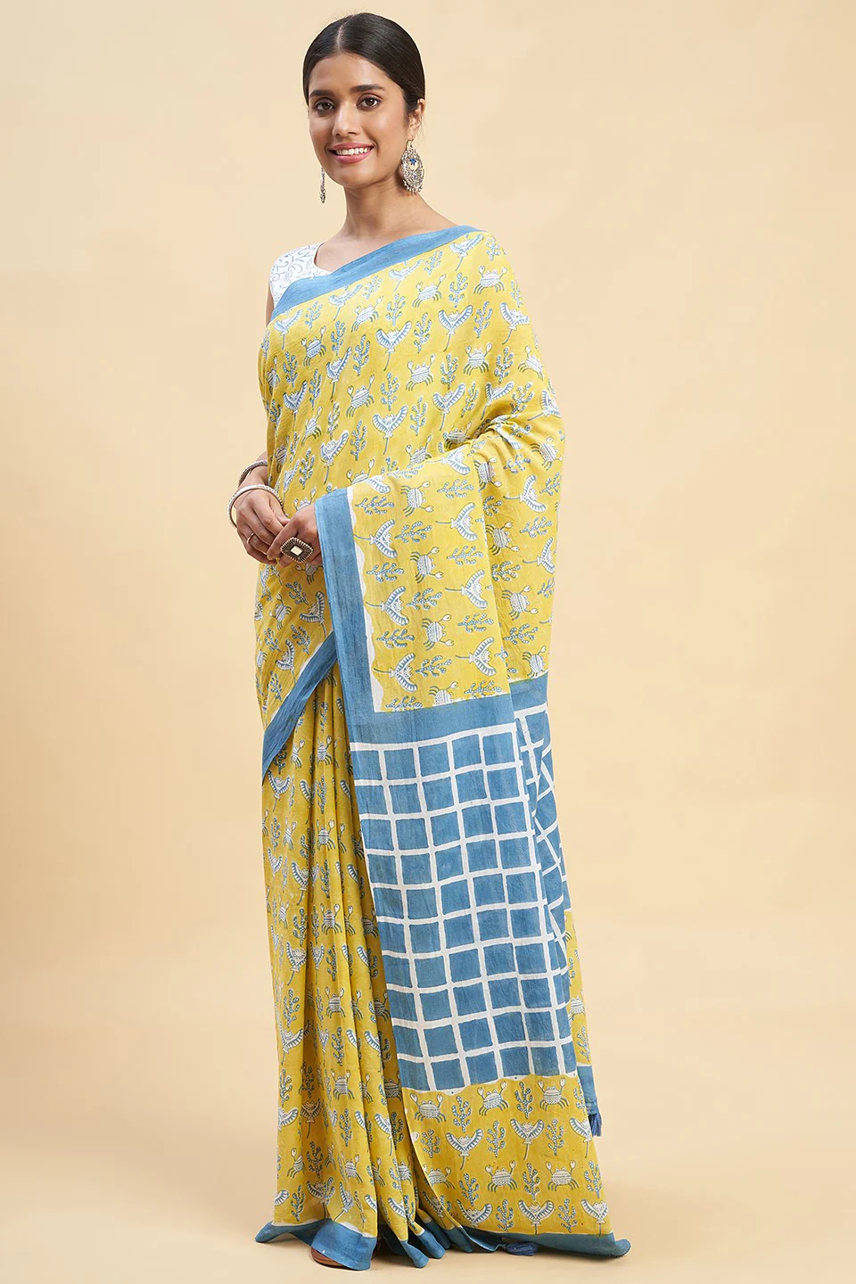 Sooti Syahi "Crab In Yellow" Block Printed Cotton Saree - Image 4