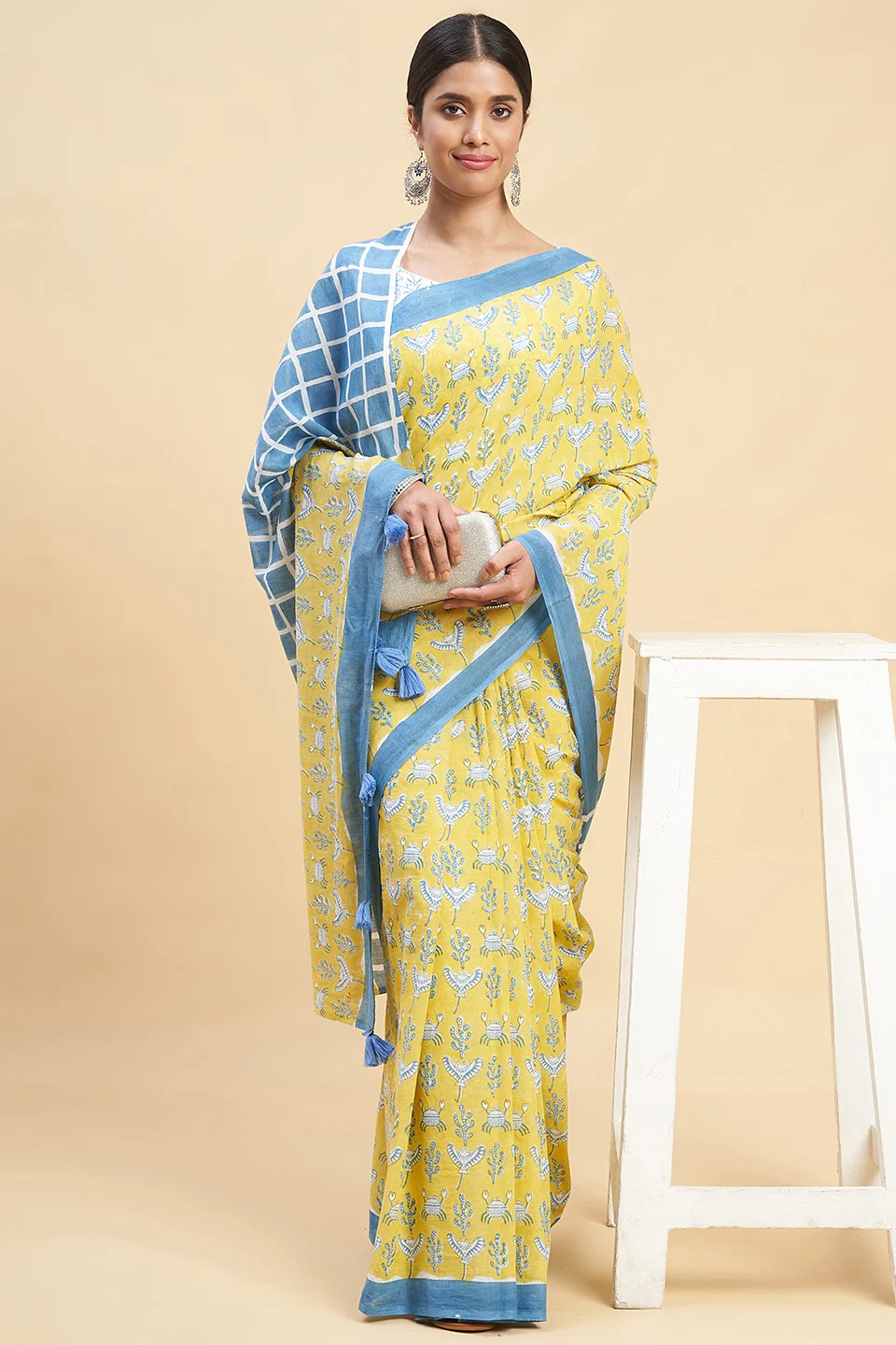 Sooti Syahi "Crab In Yellow" Block Printed Cotton Saree - Image 5