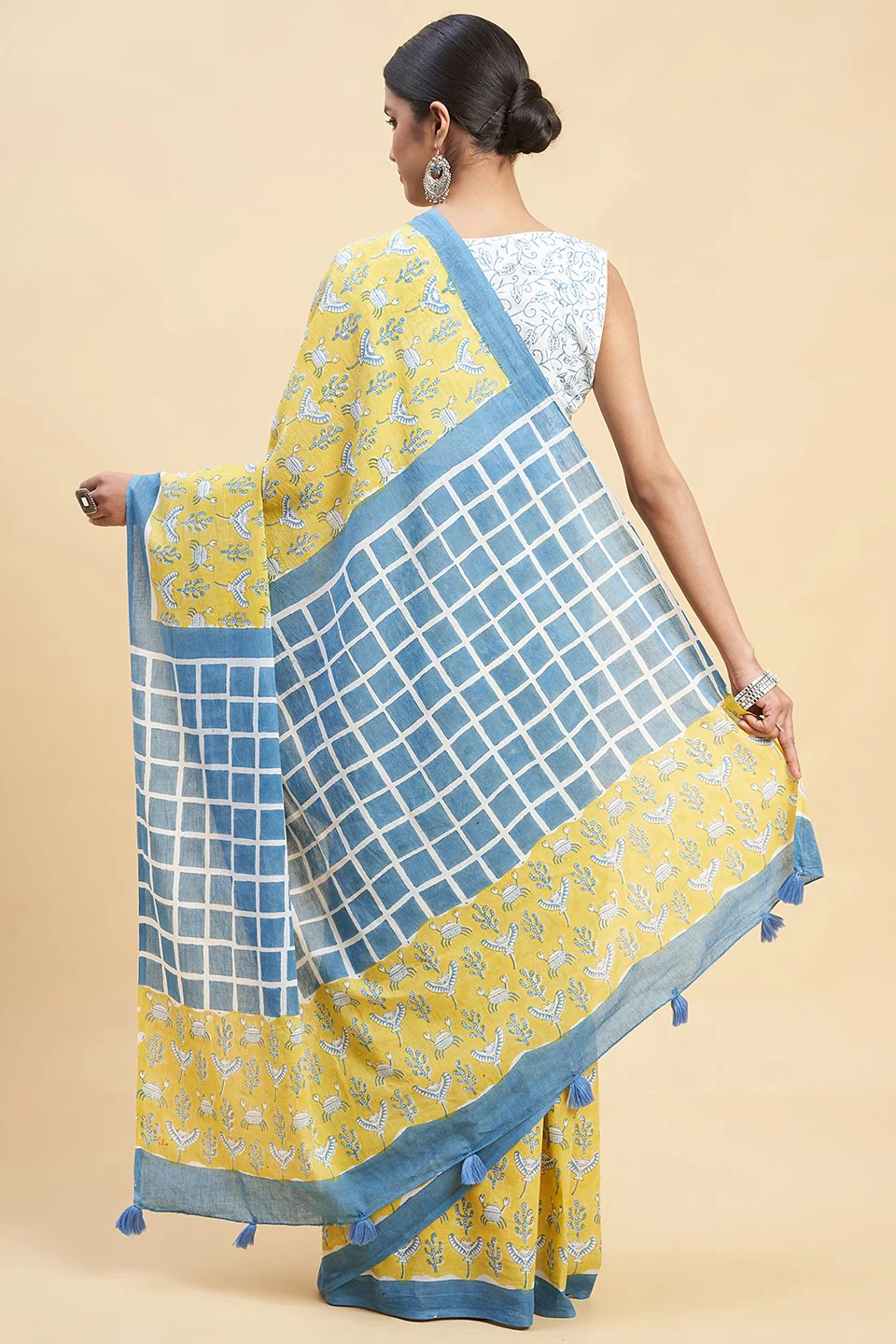 Sooti Syahi "Crab In Yellow" Block Printed Cotton Saree - Image 6