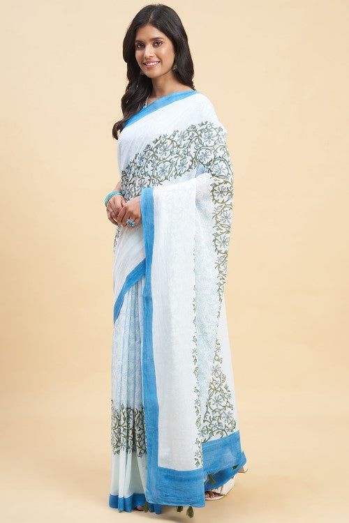 Sooti Syahi "Crape Myrtle Blue" Handblock Print Mul Cotton Saree - Image 2