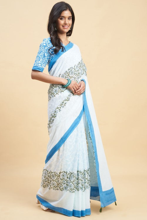 Sooti Syahi "Crape Myrtle Blue" Handblock Print Mul Cotton Saree - Image 3