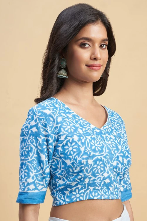 Sooti Syahi "Crape Myrtle Blue" Handblock Print Mul Cotton Saree - Image 6