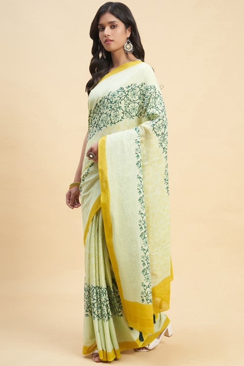 Sooti Syahi "Crape Myrtle Musterd" Handblock Print Mul Cotton Saree - Image 2