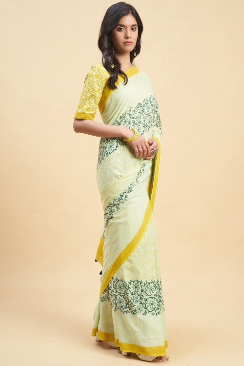 Sooti Syahi "Crape Myrtle Musterd" Handblock Print Mul Cotton Saree - Image 3