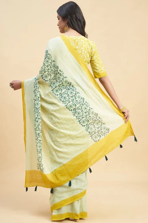 Sooti Syahi "Crape Myrtle Musterd" Handblock Print Mul Cotton Saree - Image 5
