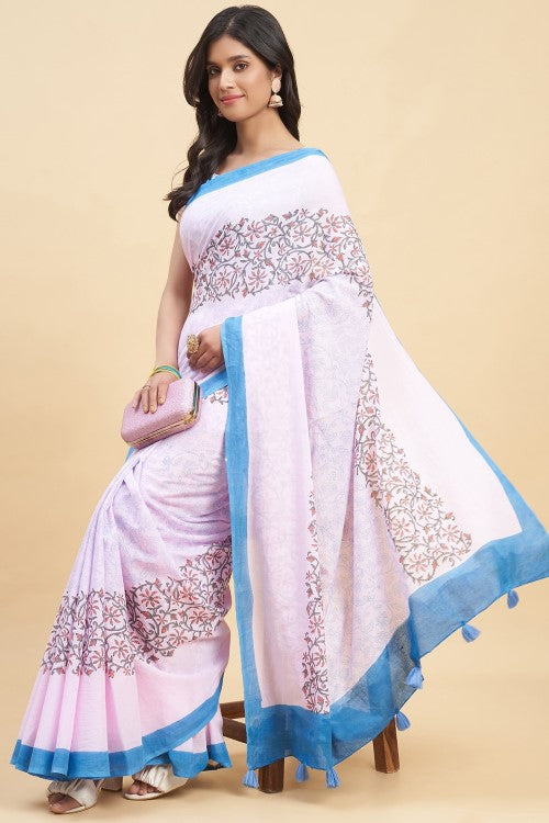 Sooti Syahi "Crape Myrtle Pink" Handblock Print Mul Cotton Saree