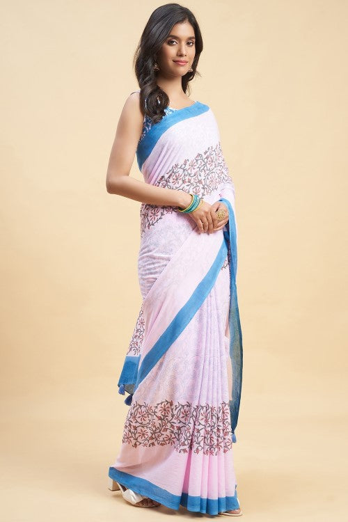 Sooti Syahi "Crape Myrtle Pink" Handblock Print Mul Cotton Saree - Image 4