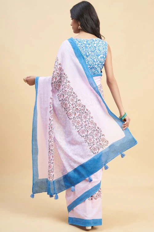Sooti Syahi "Crape Myrtle Pink" Handblock Print Mul Cotton Saree - Image 5