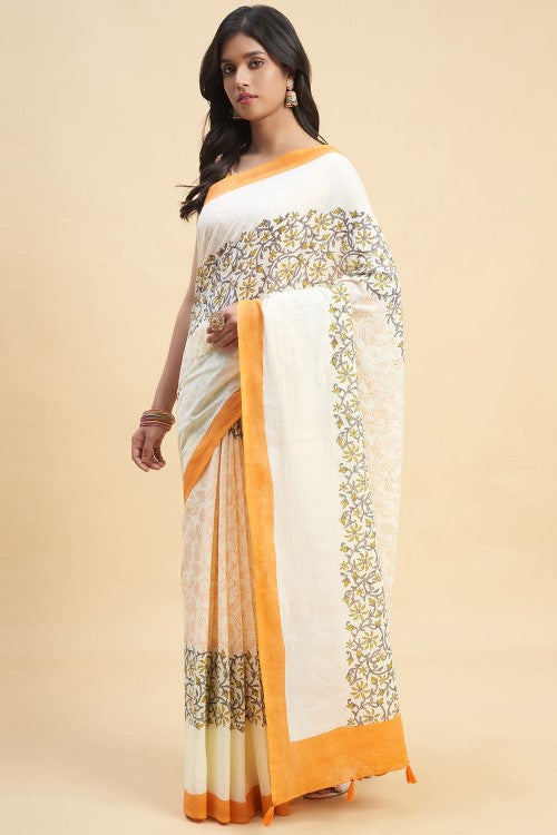 Sooti Syahi "Crape Myrtle Saffron" Handblock Print Mul Cotton Saree - Image 2