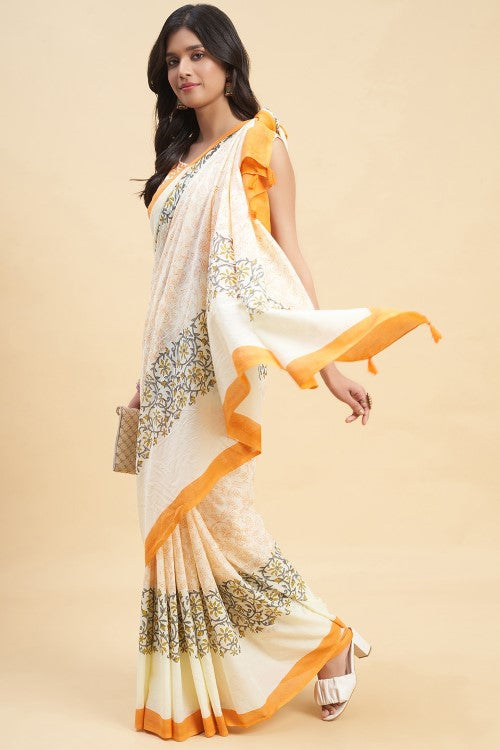 Sooti Syahi "Crape Myrtle Saffron" Handblock Print Mul Cotton Saree - Image 4