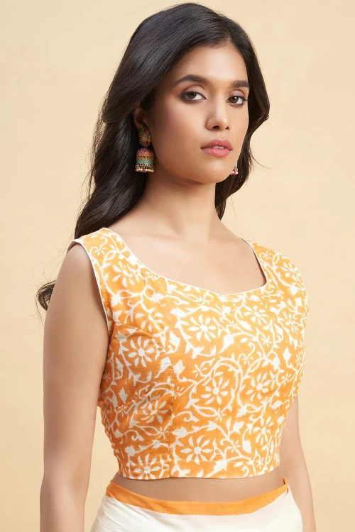 Sooti Syahi "Crape Myrtle Saffron" Handblock Print Mul Cotton Saree - Image 6
