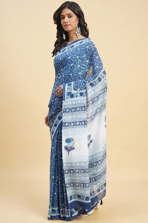 Sooti Syahi "Daffodil Blue" Handblock Print Mul Cotton Saree - Image 3
