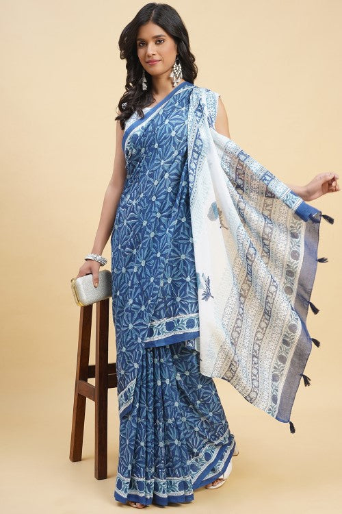 Sooti Syahi "Daffodil Blue" Handblock Print Mul Cotton Saree - Image 4