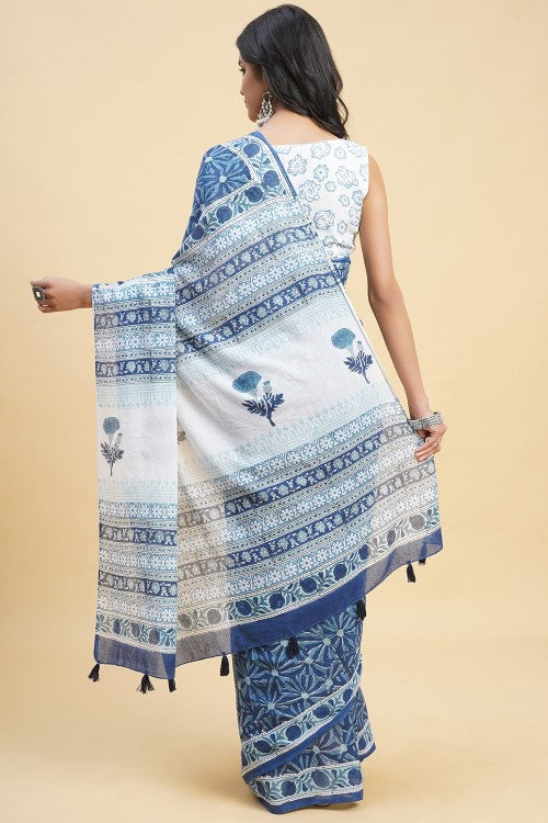 Sooti Syahi "Daffodil Blue" Handblock Print Mul Cotton Saree - Image 5