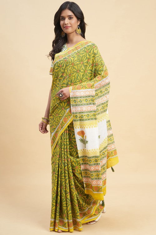 Sooti Syahi "Daffodil Green" Handblock Print Mul Cotton Saree - Image 2
