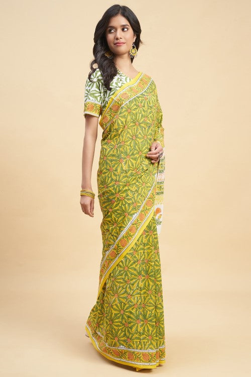 Sooti Syahi "Daffodil Green" Handblock Print Mul Cotton Saree - Image 3