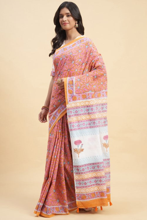 Sooti Syahi "Daffodil Pink" Handblock Print Mul Cotton Saree - Image 2