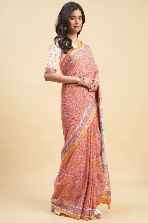Sooti Syahi "Daffodil Pink" Handblock Print Mul Cotton Saree - Image 3