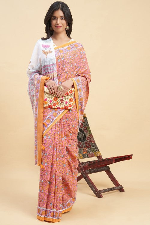 Sooti Syahi "Daffodil Pink" Handblock Print Mul Cotton Saree - Image 4
